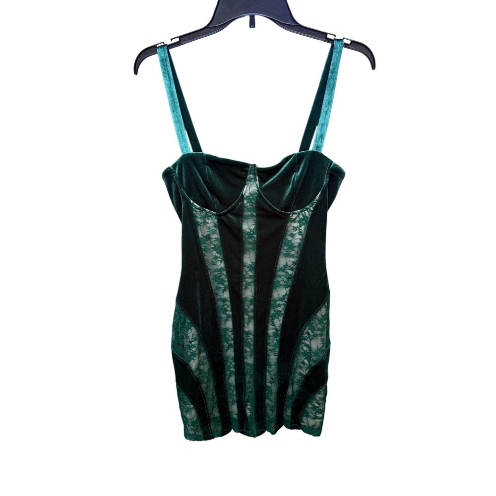 Emerald Green Velvet Burn out Lace Corset Mini Dress Bodycon stretchy Babydoll